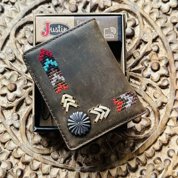 Justin Boots Needlepoint Card Wallet With Money Clip NIB - Picture 2 of 8